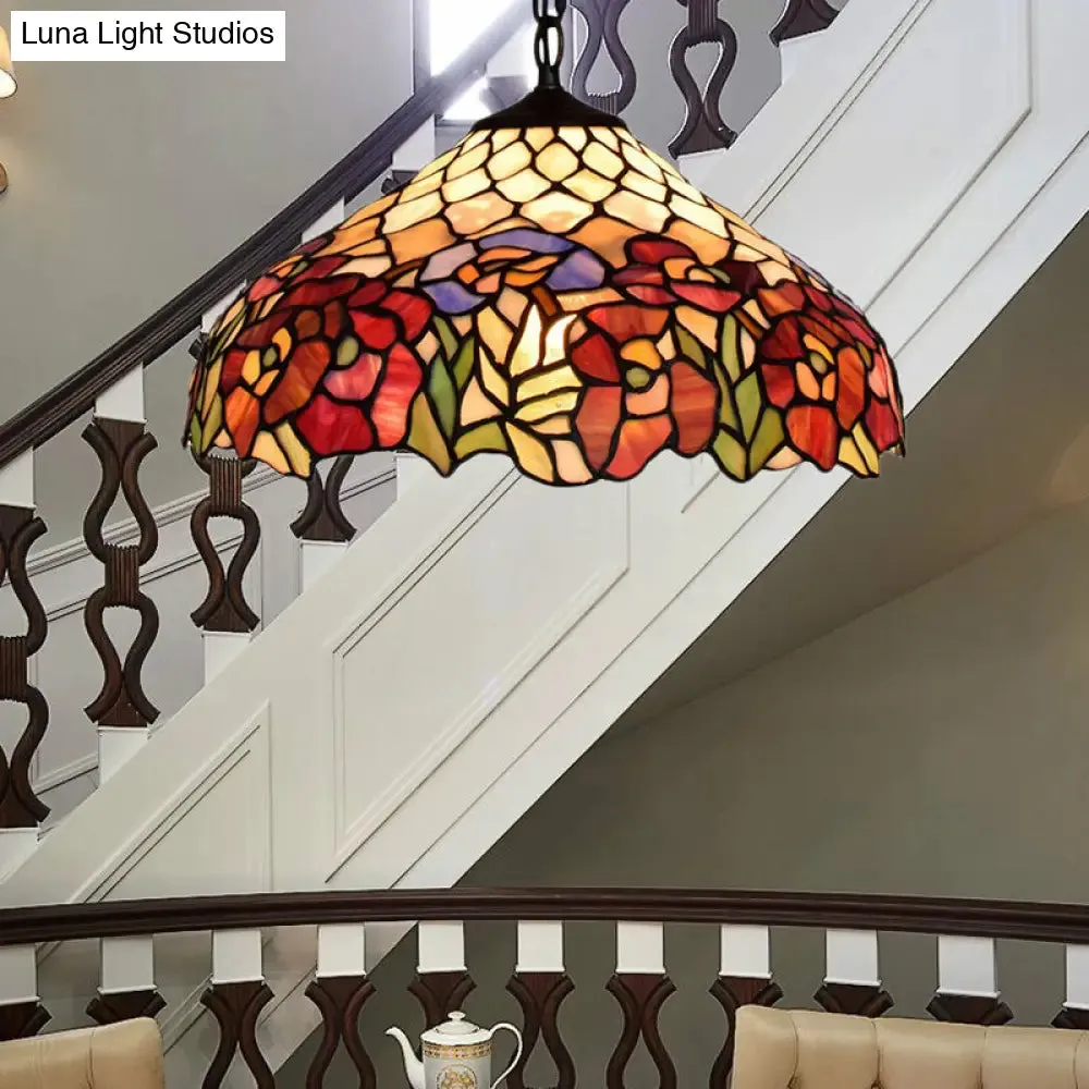 1-Bulb Tiffany-Style Wide Flare Pendant Light - Black Stained Art Glass - Hanging Ceiling Lighting