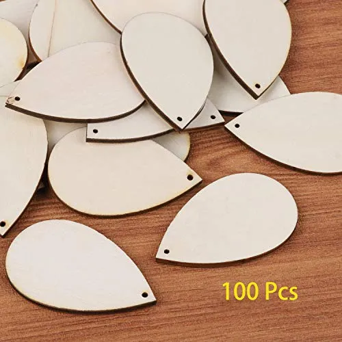 100 Pieces Unfinished Blank Wood Teardrop Earring Pendant for Christmas Tree Decoration, Jewelry Supplies and DIY Making, 1.4 x 2.2 inch