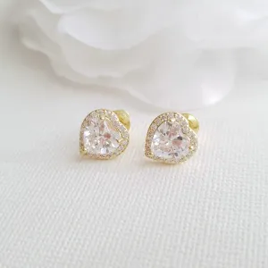 14K Gold Cubic Zirconia Heart Earrings Studs -Diana