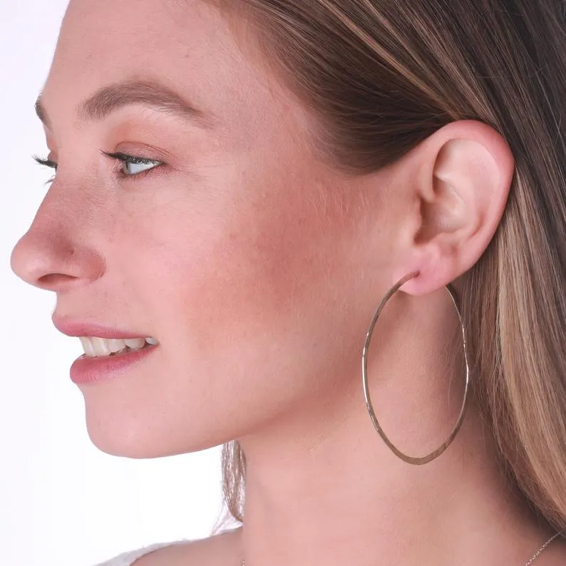 14K Gold Filled Hammered Hoop Earrings,2.5 inch Hoop