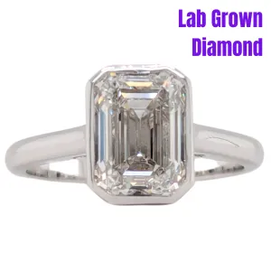 14K White Gold 3CT Emerald Cut Lab Grown Diamond Bezel Set Ring