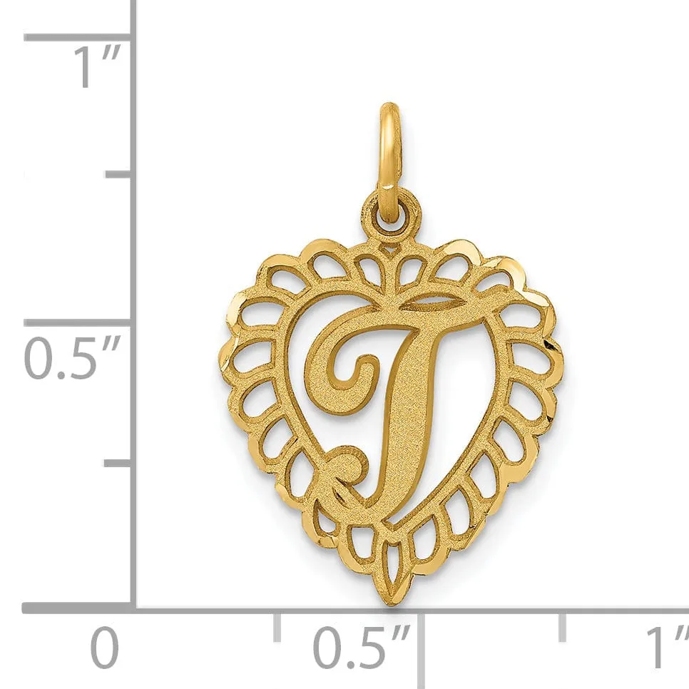 14k Yellow Gold Heart Shape Script Design Letter T Charm Pendant