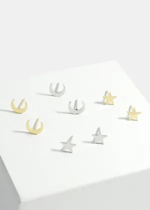 2-Pair Star & Moon Stud Earrings