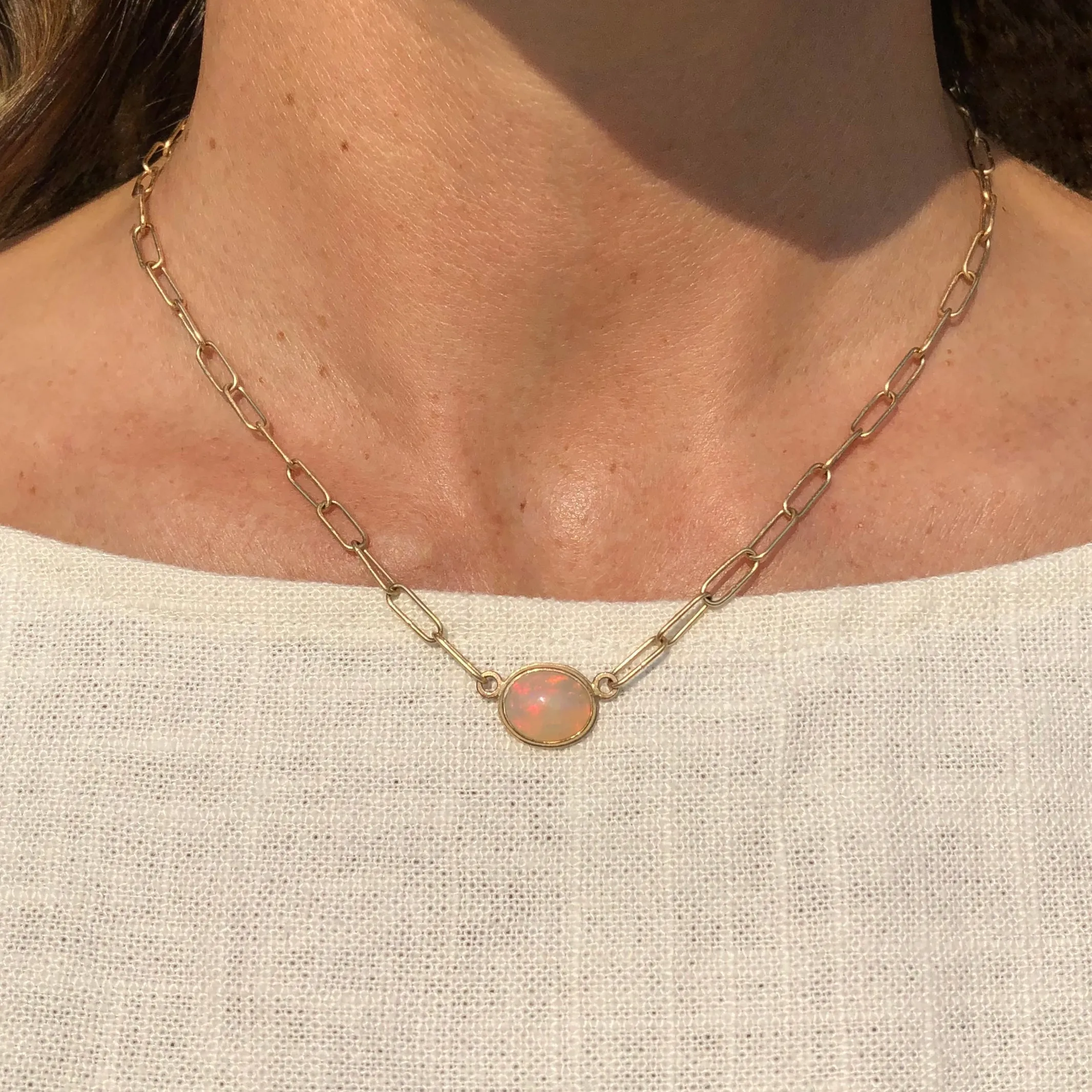 2.5ct pink opal and 10k handmade chain necklace