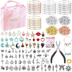 300Pcs Bangle Bracelets Making Kit, Thrilez Charm Bracelet Making Kit with Expandable Bangles, Charms, Jump Rings and Pliers for Jewelry Making Bangle Bracelets (with Gift Box and Tools)