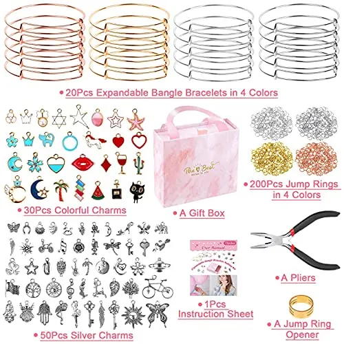 300Pcs Bangle Bracelets Making Kit, Thrilez Charm Bracelet Making Kit with Expandable Bangles, Charms, Jump Rings and Pliers for Jewelry Making Bangle Bracelets (with Gift Box and Tools)