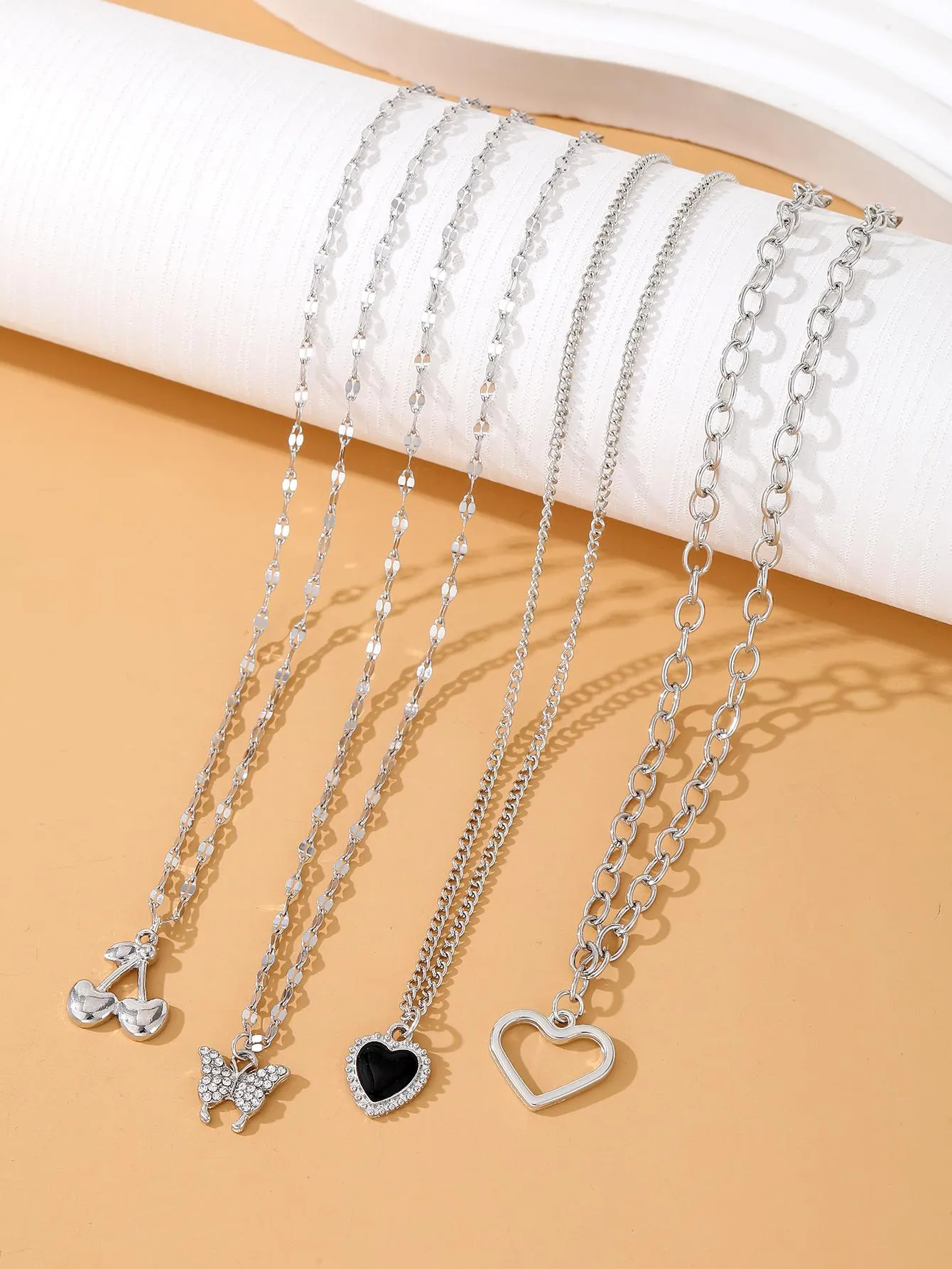 4pcs/set Rhinestone Butterfly, Cherry & Heart Pendant Necklaces for Women