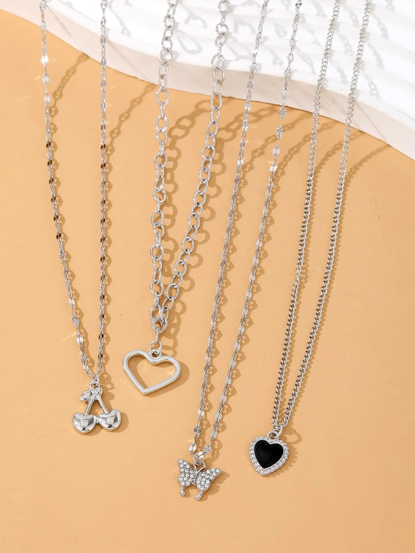 4pcs/set Rhinestone Butterfly, Cherry & Heart Pendant Necklaces for Women