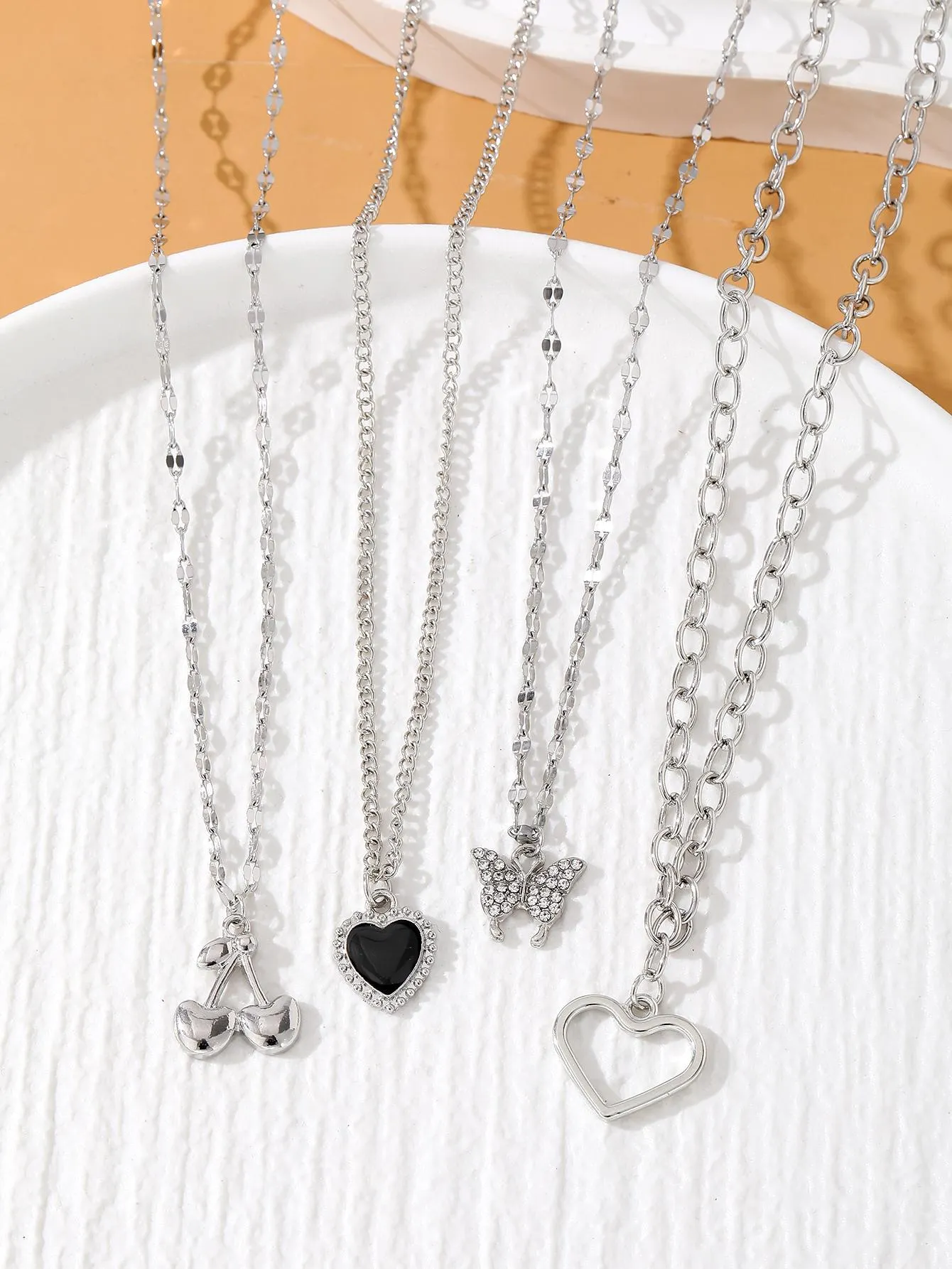 4pcs/set Rhinestone Butterfly, Cherry & Heart Pendant Necklaces for Women