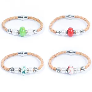 5mm round natural braided cork wire and colorful porcelain bracelet DBR-025-MIX-4