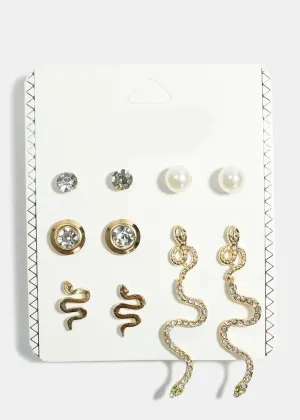 6-Pair Rhinestone & Snake Stud Earrings