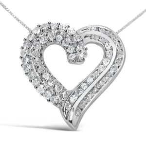 .925 Sterling Silver 1.0 Cttw Prong & Channel-Set Diamond Open Work Ribbon Heart Pendant 18" Necklace (I-J Color, I3 Cla