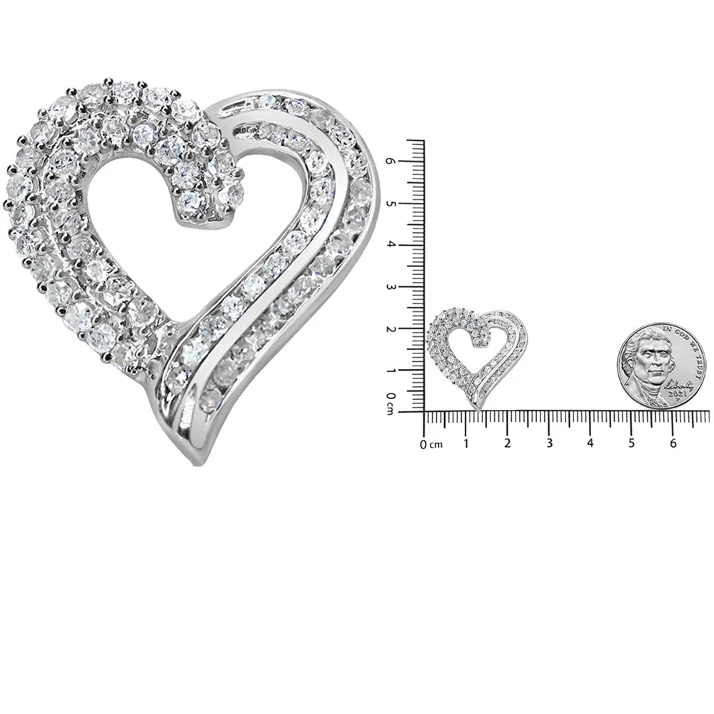 .925 Sterling Silver 1.0 Cttw Prong & Channel-Set Diamond Open Work Ribbon Heart Pendant 18" Necklace (I-J Color, I3 Cla