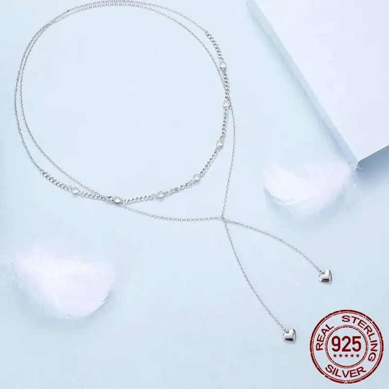 925 Sterling Silver Jewelry Double Layered love Heart Necklace Pendant White Gold Plated Dainty Choker for Women Girls