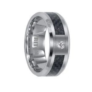 ALASTAIR Black Carbon Fiber Inlaid Band with Beveled Edges and Diamond by Triton Rings - 8mm