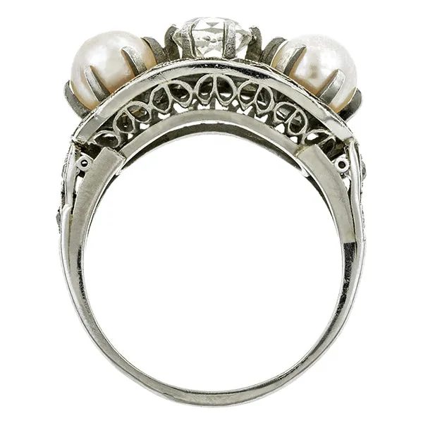 Art Deco Diamond & Pearl Ring, Old Mine 0.74ct