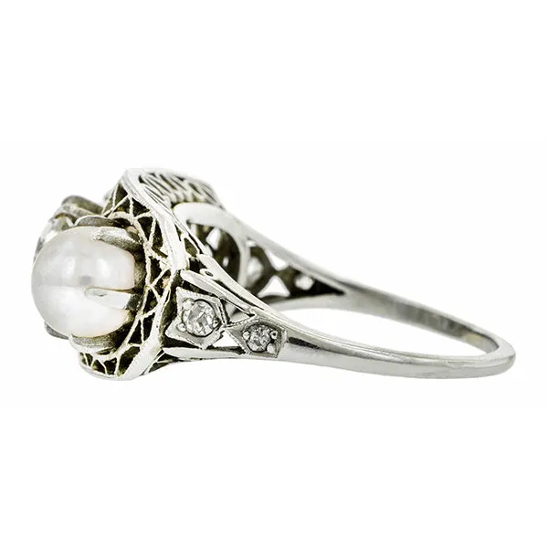 Art Deco Diamond & Pearl Ring, Old Mine 0.74ct