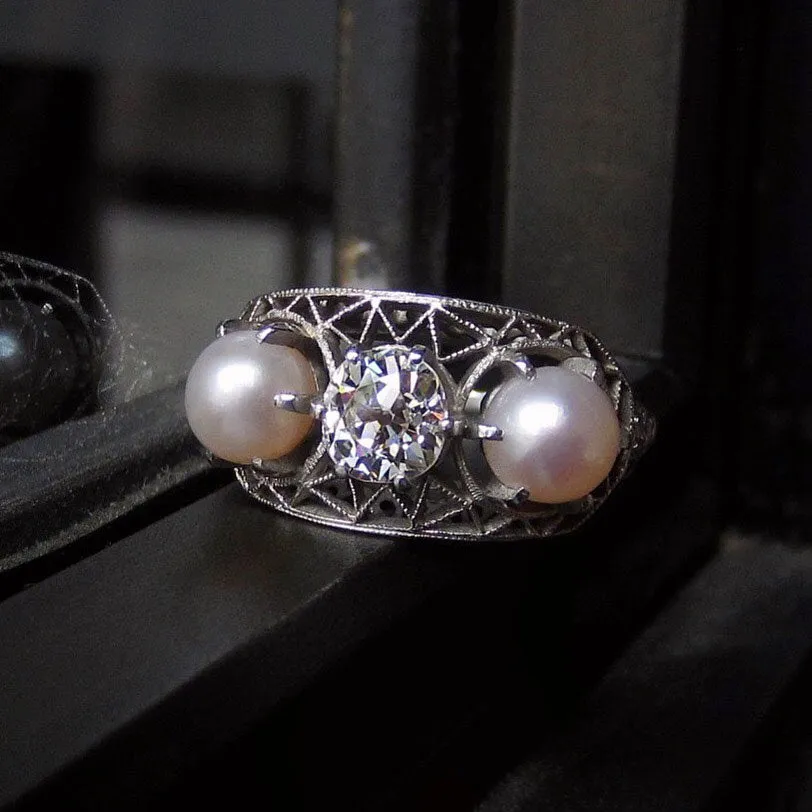 Art Deco Diamond & Pearl Ring, Old Mine 0.74ct