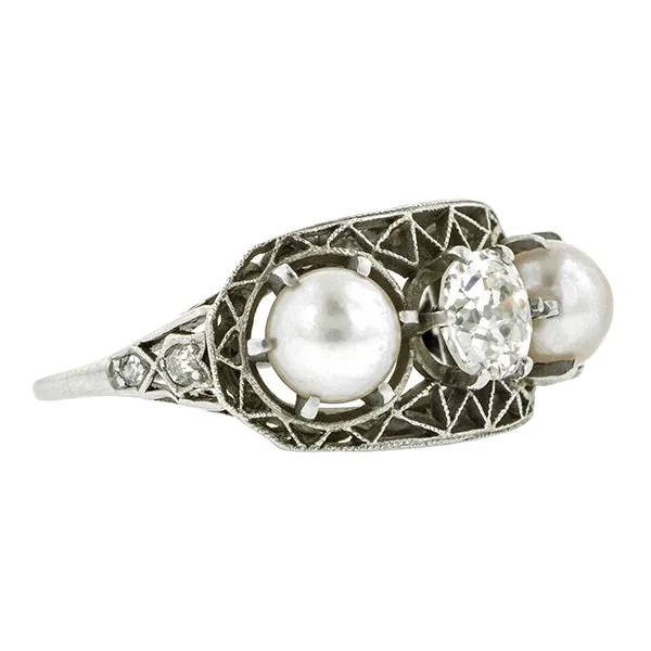 Art Deco Diamond & Pearl Ring, Old Mine 0.74ct