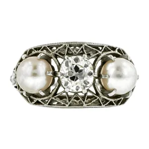 Art Deco Diamond & Pearl Ring, Old Mine 0.74ct