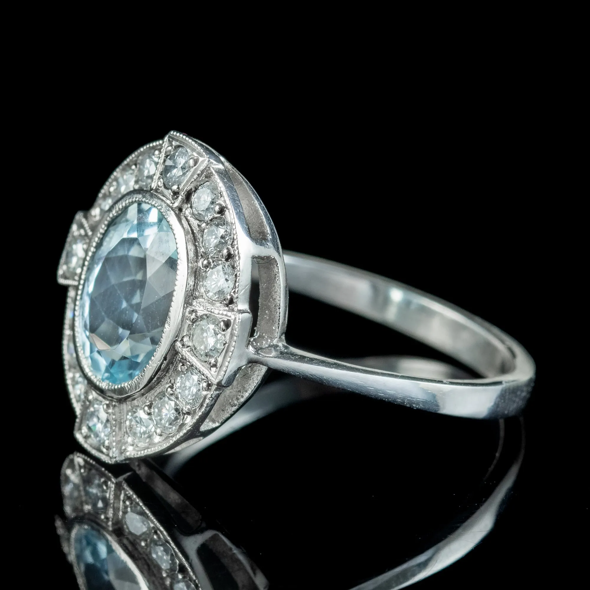 Art Deco Style Aquamarine Diamond Cluster Ring 1.8ct Aqua