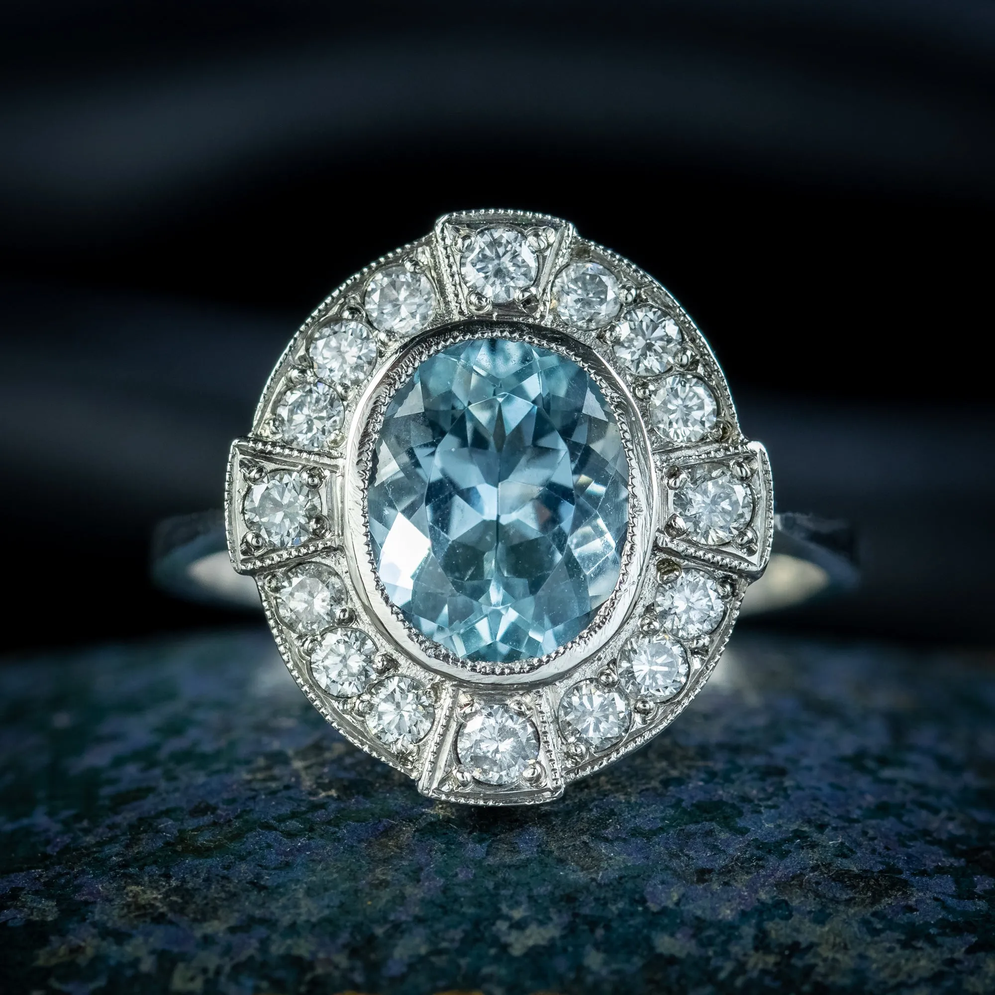 Art Deco Style Aquamarine Diamond Cluster Ring 1.8ct Aqua