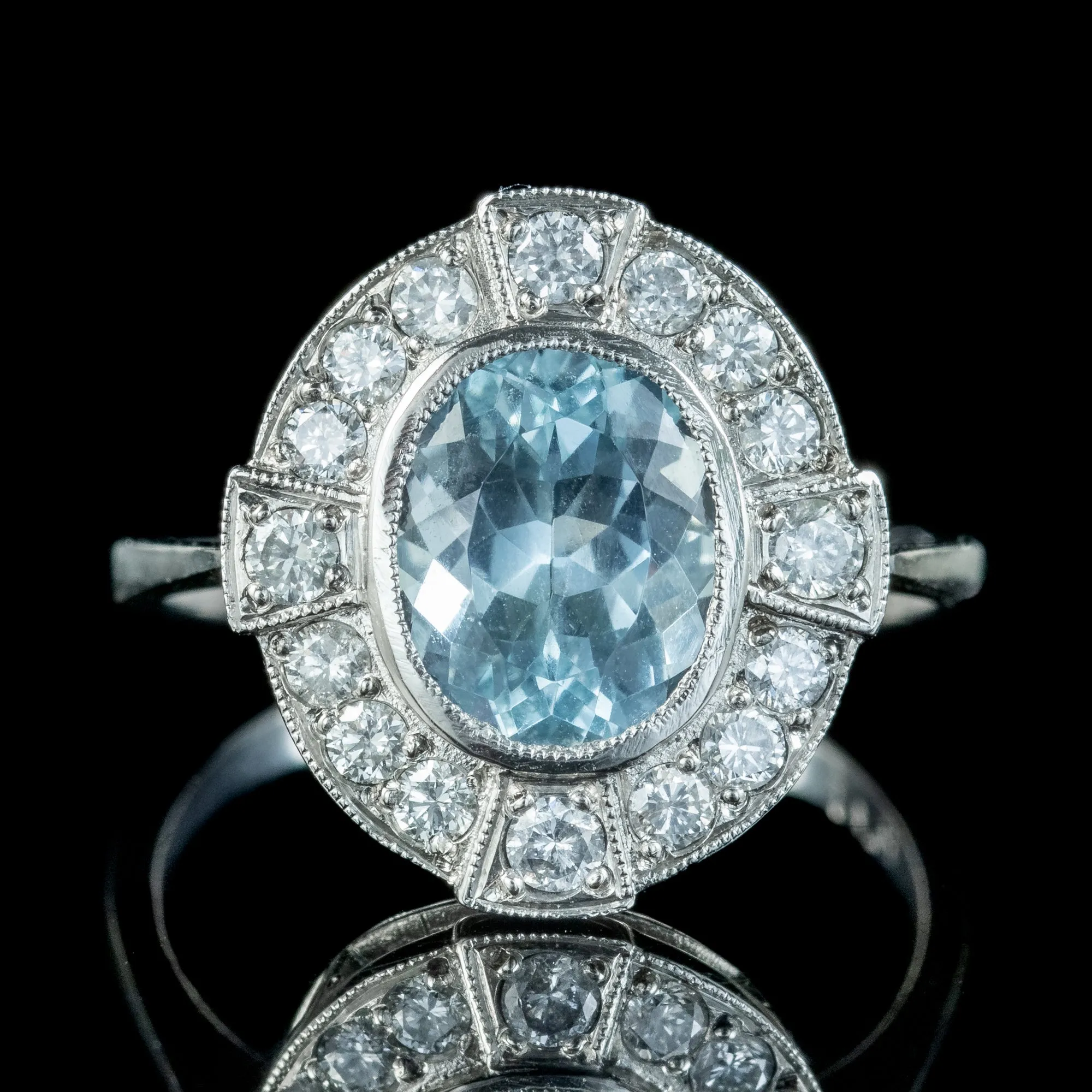 Art Deco Style Aquamarine Diamond Cluster Ring 1.8ct Aqua