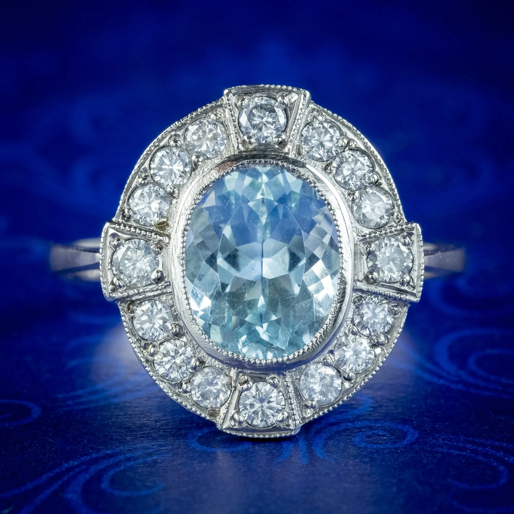 Art Deco Style Aquamarine Diamond Cluster Ring 1.8ct Aqua