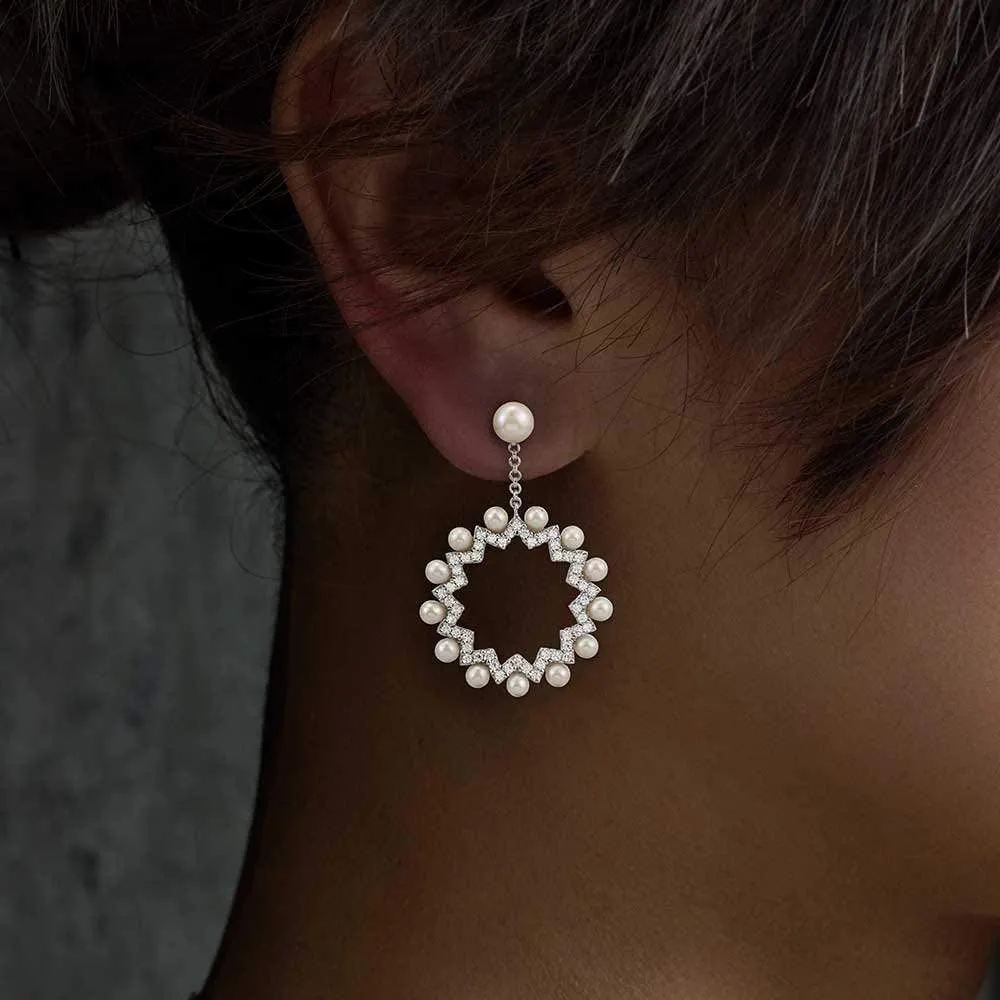 Asymmetric Sun Earrings with Pearls - White Silver