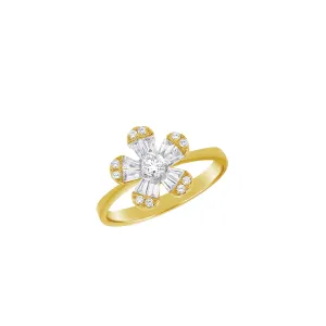 Baguette and Round Brilliant Cut Diamond Flower Ring in Yellow Gold