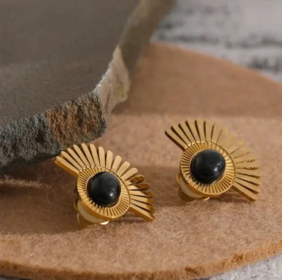 Black Stone Clip Earrings