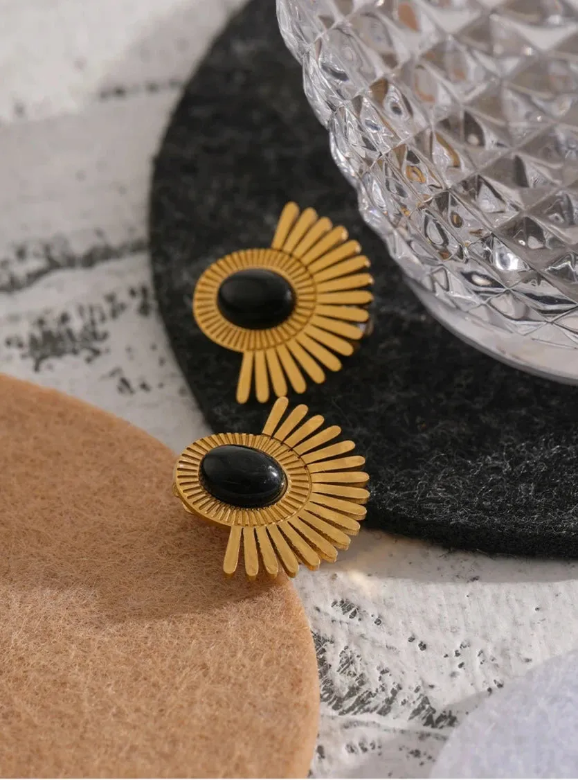 Black Stone Clip Earrings