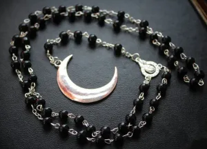 Black/Silver Rosary Necklace w/ Hanging Crescent Moon Detail