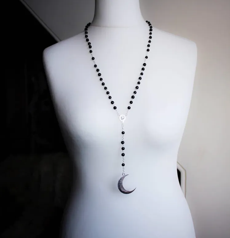 Black/Silver Rosary Necklace w/ Hanging Crescent Moon Detail