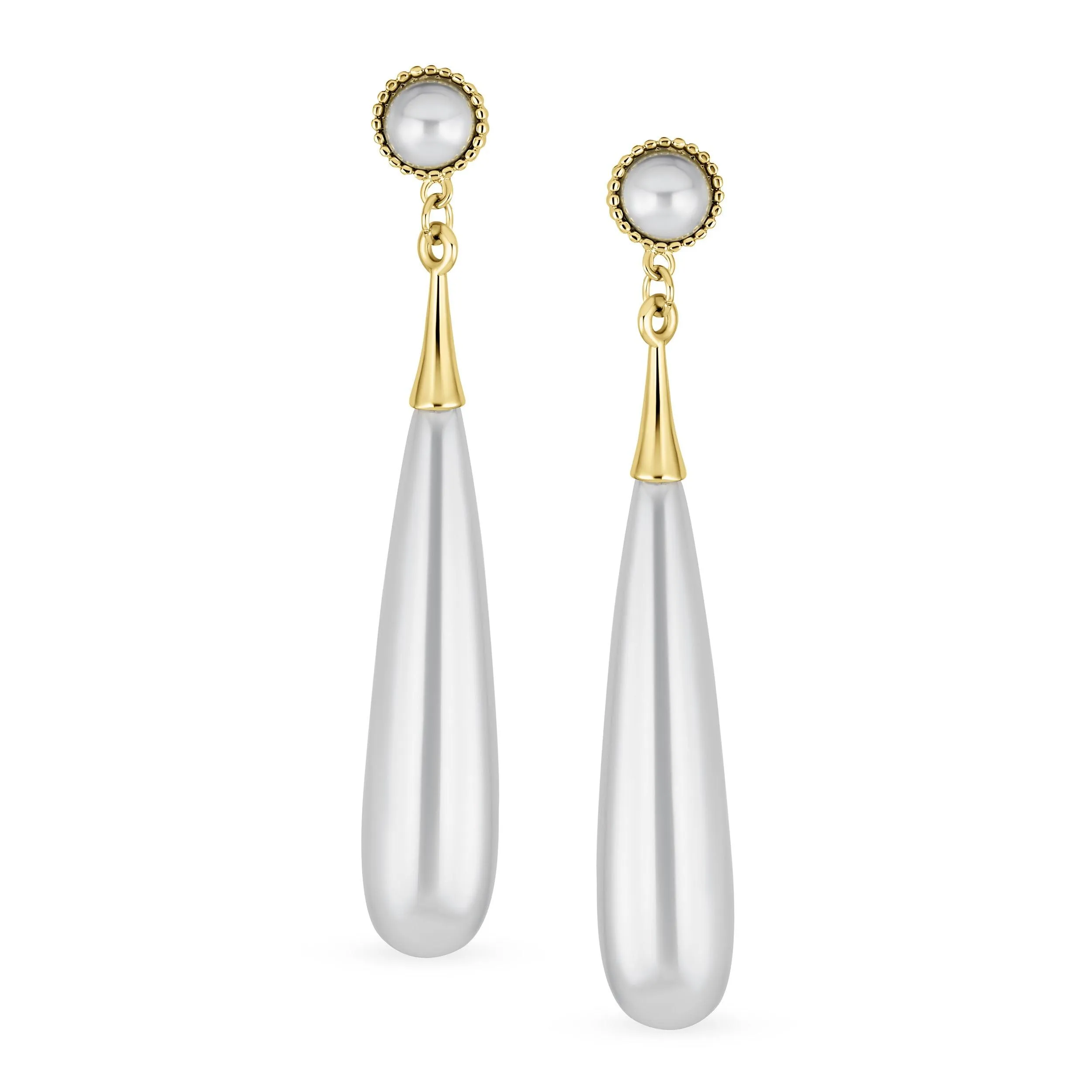 Bridal Elongated Teardrop Dangle White Faux Pearl Chandelier Earrings