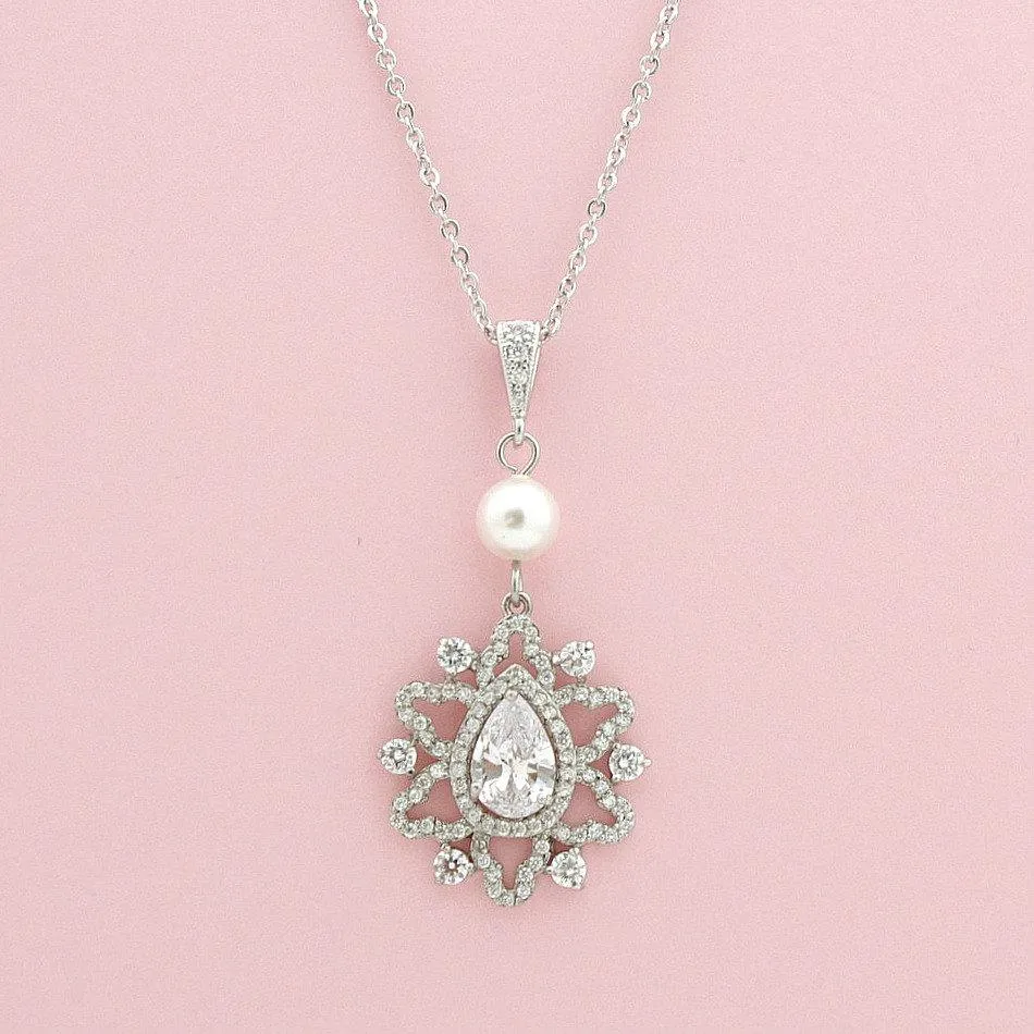 Bridal Necklace, Pendant Wedding Necklace, Crystal Drop Bridal Necklace, Pearl Silver Pendant Necklace, Bridal Jewelry, Fiona