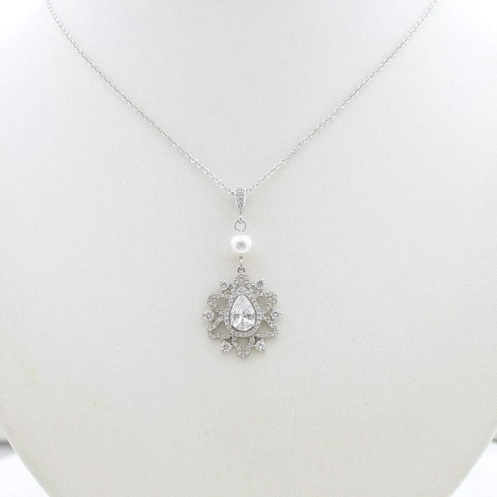 Bridal Necklace, Pendant Wedding Necklace, Crystal Drop Bridal Necklace, Pearl Silver Pendant Necklace, Bridal Jewelry, Fiona