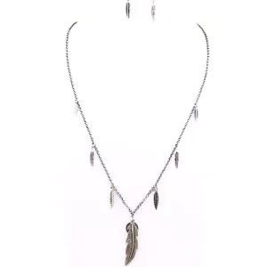 Burnished Silver Feather and Peace Sign Pendant Necklace