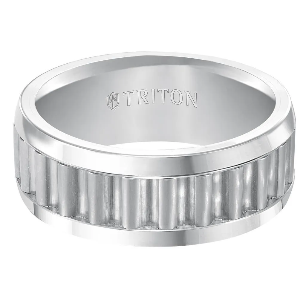 CARRICK Triton Rings CARRICK White Tungsten Ring With Horizontal Gear Teeth Center 9mm