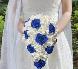 CAS07 ~ Royal Blue White Cascade Real Touch Roses No Brooch Bouquet