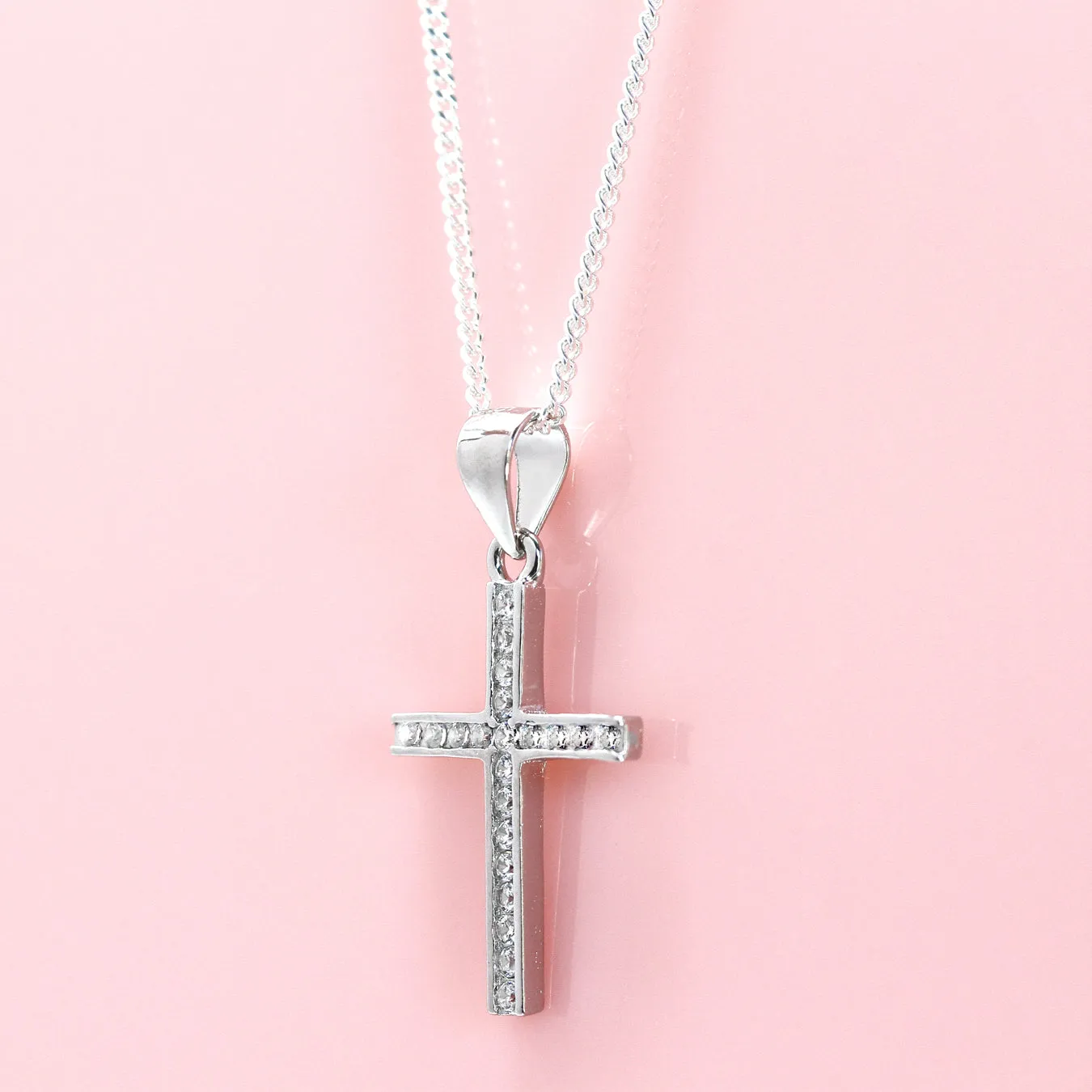 Children's Cross Necklace - Sterling Silver with CZ Stones