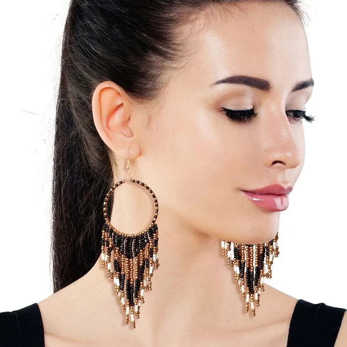 Colored and Gold Bead Fringe Circle Earrings