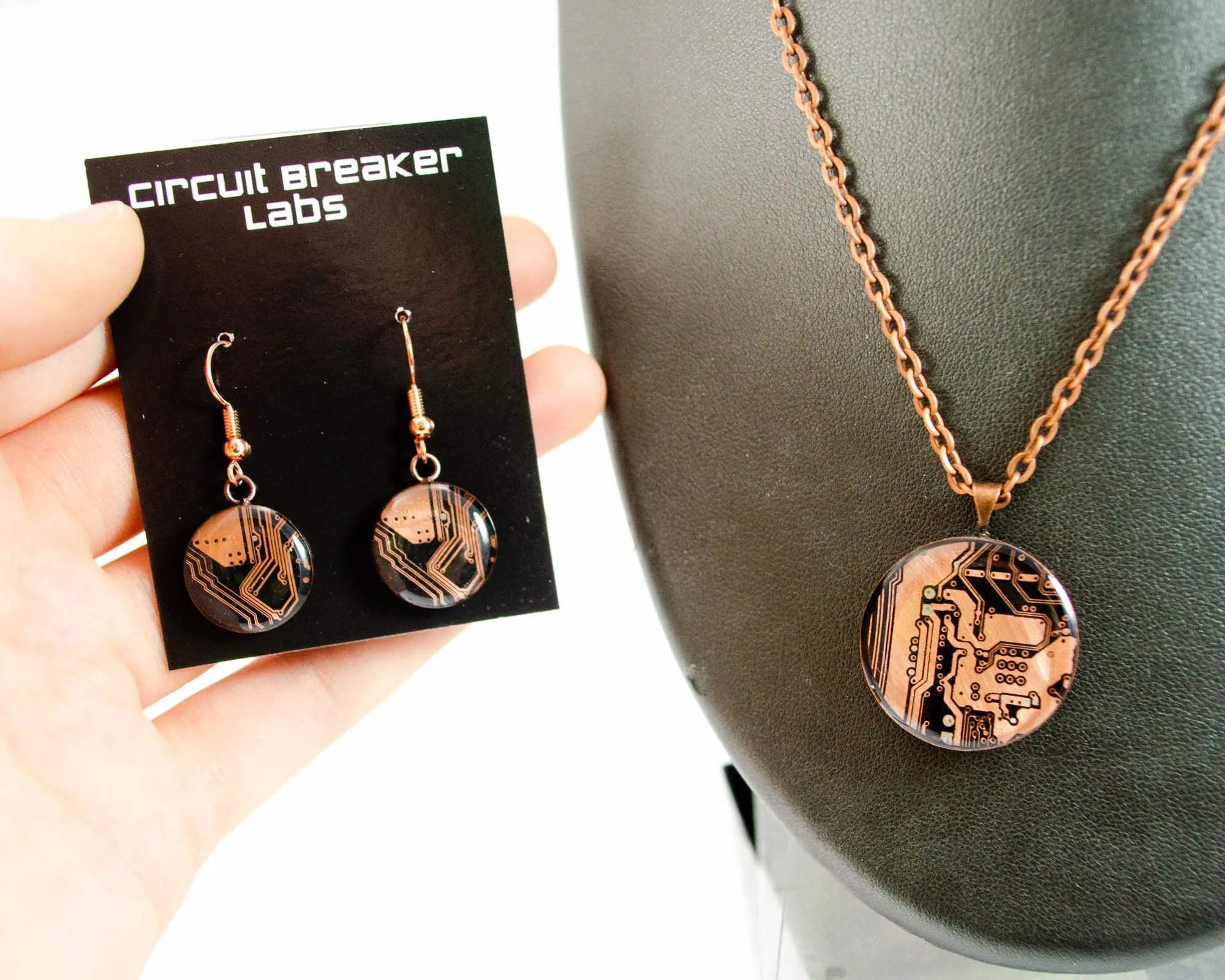 Copper Circuit Board Necklace and Earring Set, Recycled Computer Motherboard Jewelry