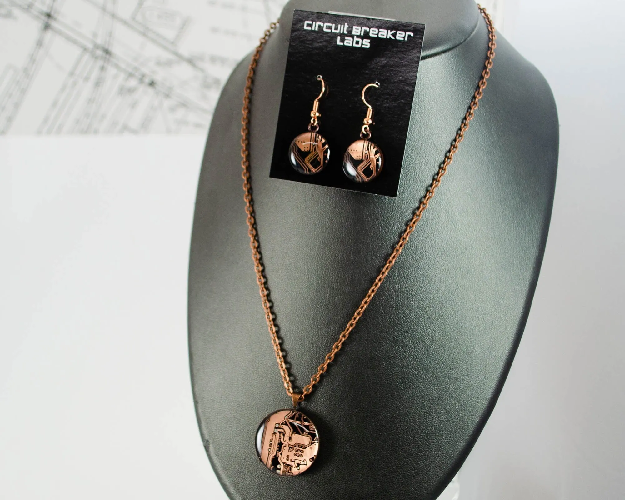 Copper Circuit Board Necklace and Earring Set, Recycled Computer Motherboard Jewelry