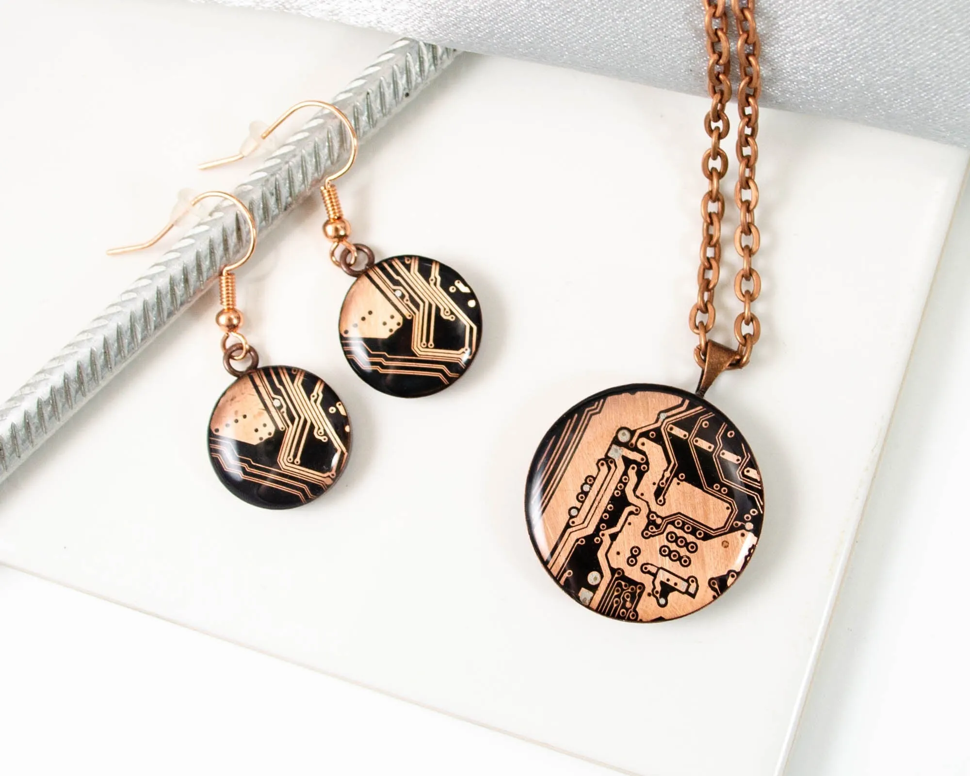 Copper Circuit Board Necklace and Earring Set, Recycled Computer Motherboard Jewelry