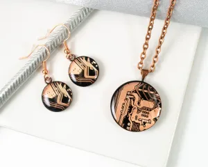 Copper Circuit Board Necklace and Earring Set, Recycled Computer Motherboard Jewelry