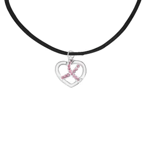 Crystal Heart Pink Ribbon Leather Cord Necklaces