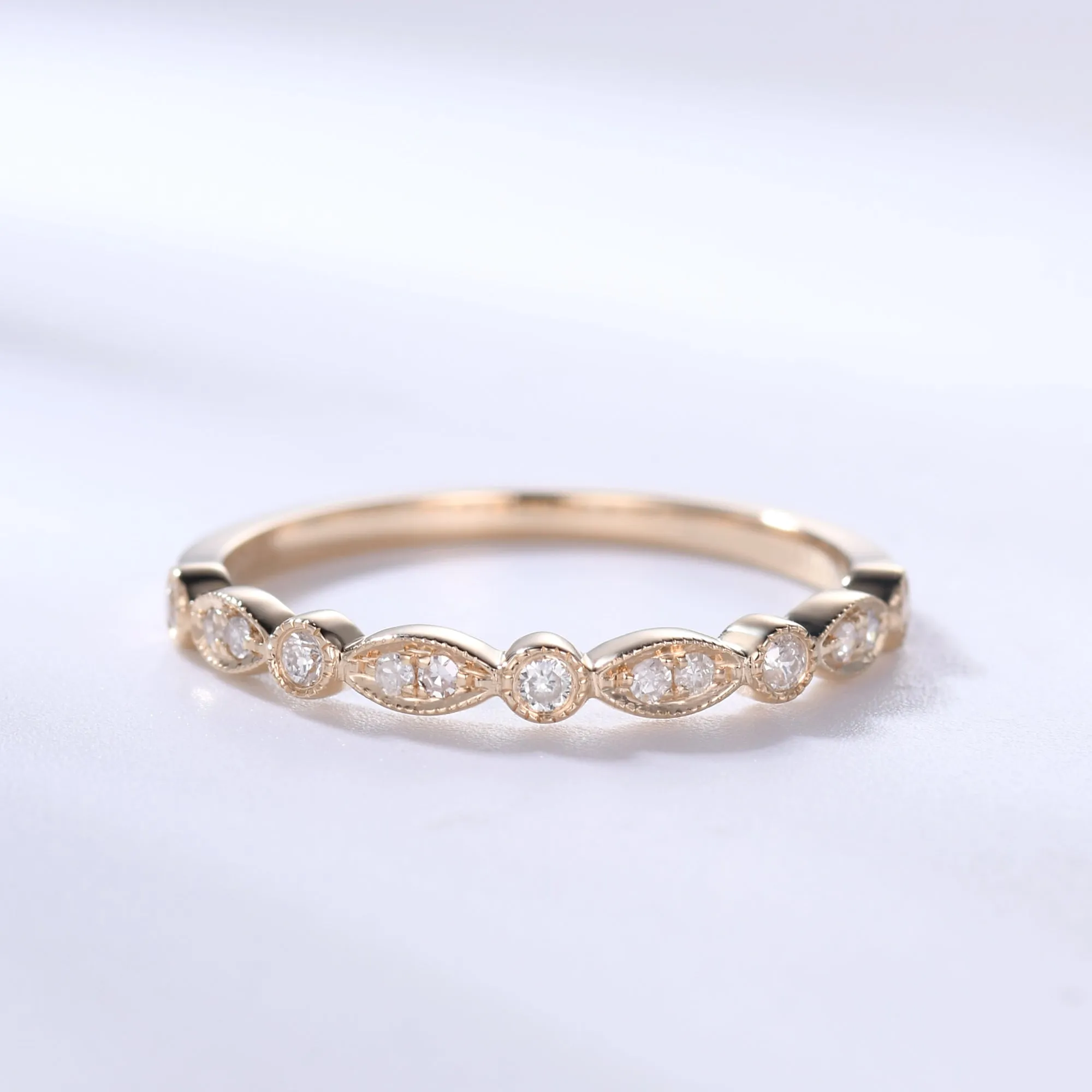 Diamond Wedding Rings For Her 14k Rose Gold Antique Art Deco Half Eternity Band Milgrain Annivery Ring