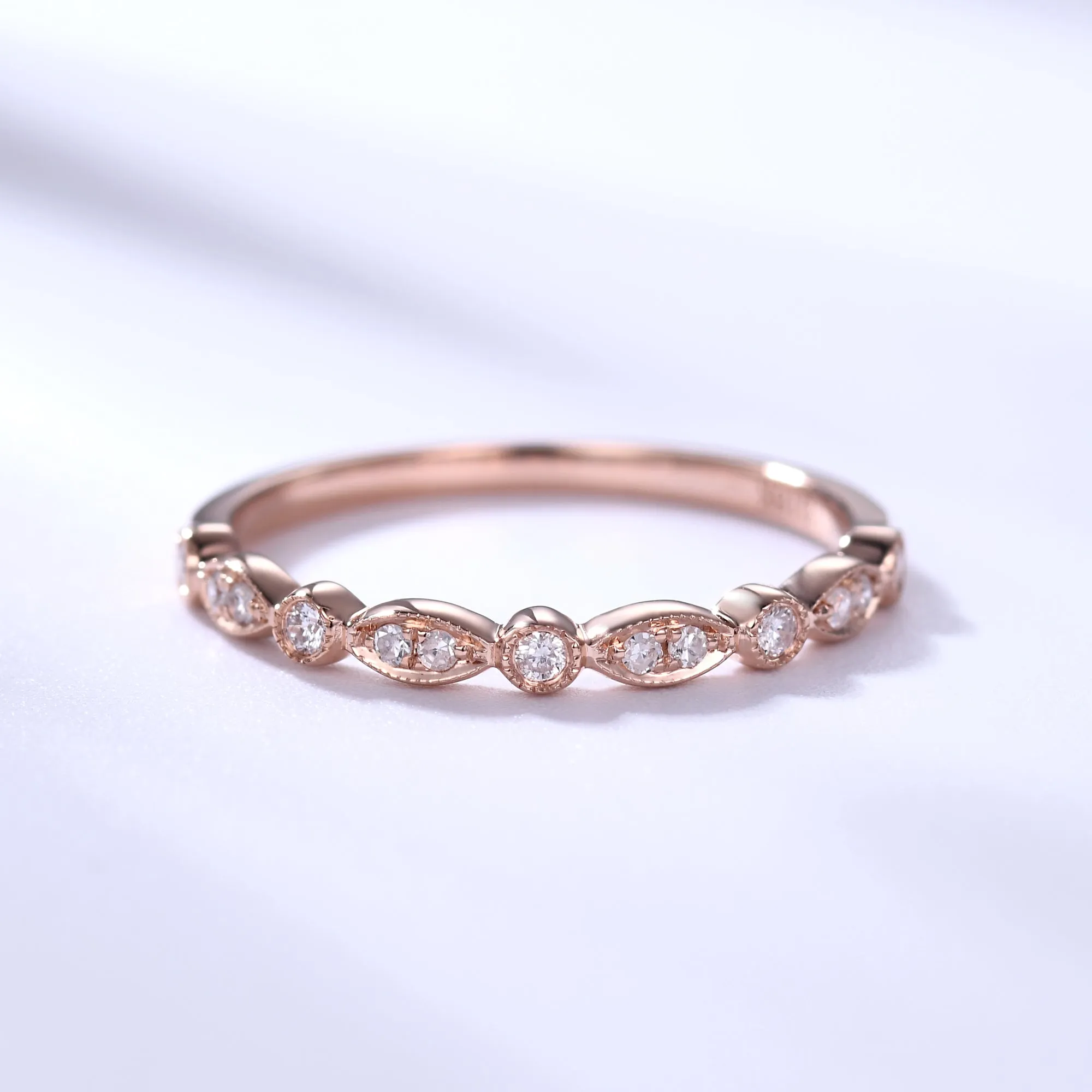 Diamond Wedding Rings For Her 14k Rose Gold Antique Art Deco Half Eternity Band Milgrain Annivery Ring