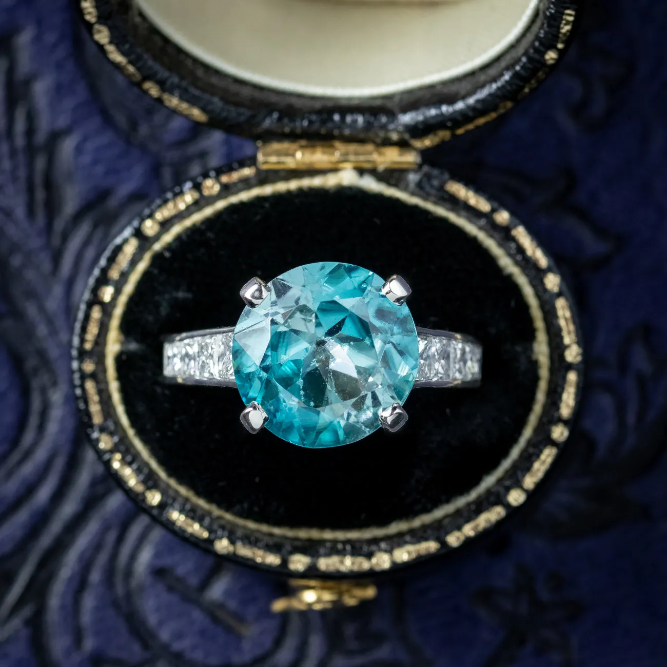 Edwardian Style Blue Zircon Diamond Solitaire Ring 5ct Zircon